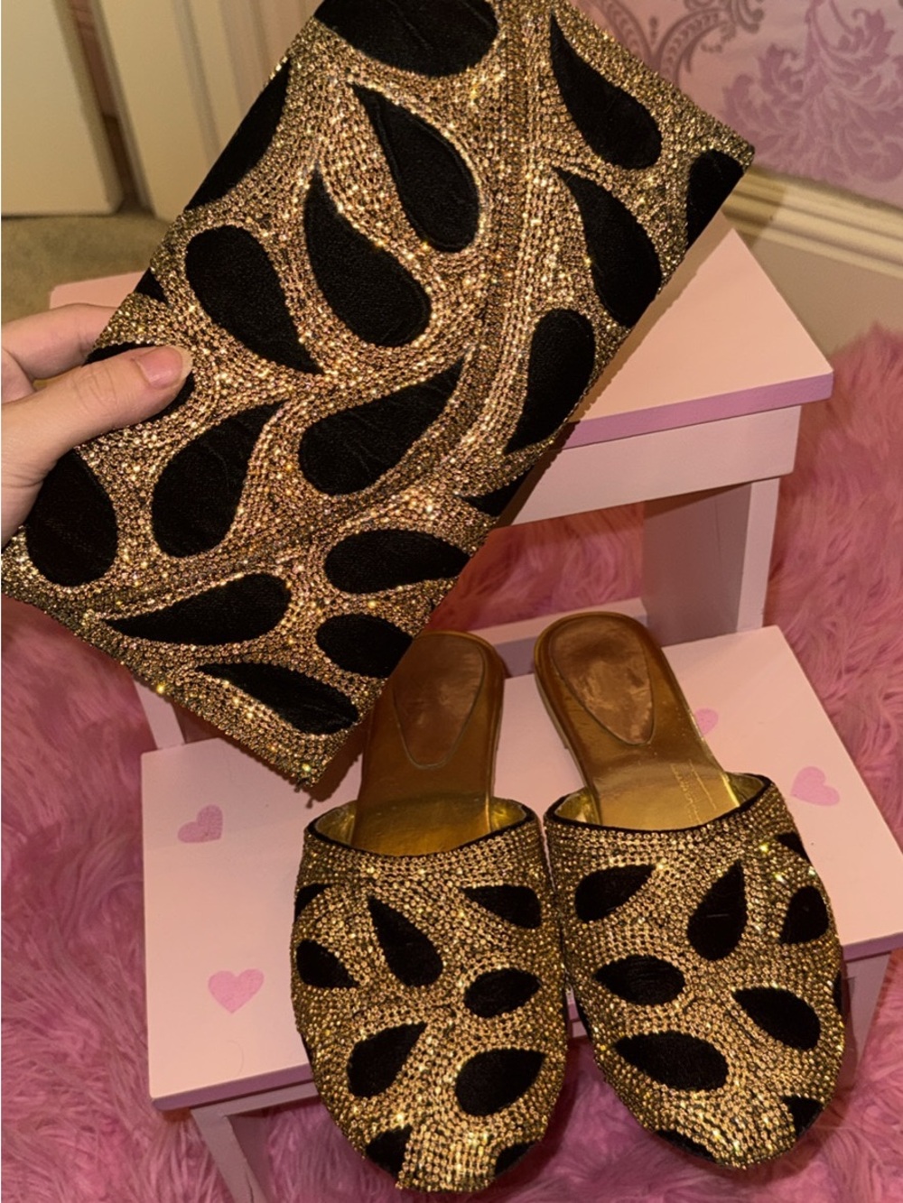Indian Handmade Gold and Black Embellished Women's Slip-On Mules + Clutch Set